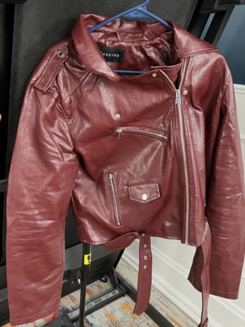 Fahsyee Women's Burgundy Faux Leather Jacket Moto Biker Motocycle XXL